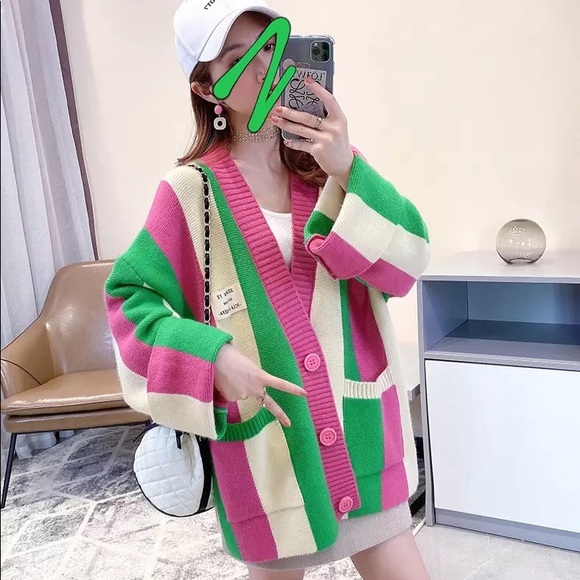 Stripe cardigan pink wide sleeve pocket sweater - Picture 7 of 13